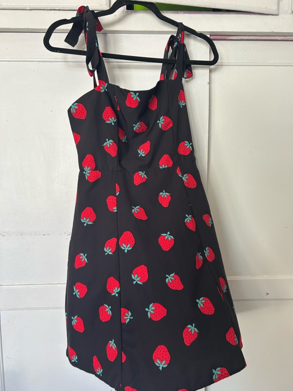 Black Strawberry Print Tie-Strap Sundress